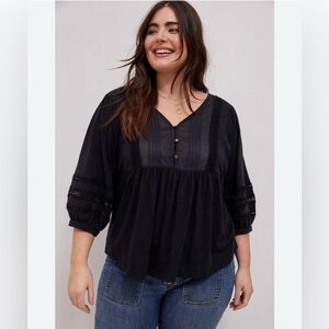 NWT Anthropologie Kaye Pintucked Babydoll Top Black 3/4 Sleeve Plus Size 2X